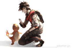 Rule 34 | 10s, 1boy, bad id, bad pixiv id, cellphone, charmander, copyright name, creatures (company), fingerless gloves, flame-tipped tail, game freak, gen 1 pokemon, gloves, green eyes, hood, hoodie, kneeling, looking at another, looking up, male focus, male protagonist (pokemon go), nintendo, open mouth, phone, pokemon, pokemon (creature), pokemon go, smartphone, smile, tsugutoku, visor cap, white background