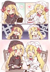 Rule 34 | &gt; &lt;, 2girls, 4koma, asymmetrical clothes, baku-p, black capelet, black dress, blonde hair, blush, cake, capelet, chair, comic, dress, eating, closed eyes, fairy wings, feeding, food, fork, hat, heart, highres, holding, lily black, lily white, long hair, multiple girls, open mouth, outstretched arms, plate, red eyes, religious offering, saliva, shaded face, silent comic, sitting, smile, spoken blush, spoken heart, table, tears, touhou, white capelet, white dress, wings