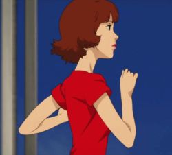 Rule 34 | 1girl, animated, animated gif, brown hair, chiba atsuko, disguise, female focus, from side, lipstick, looping animation, makeup, outdoors, paprika, paprika (character), red shirt, running, shirt, short hair, sky, solo