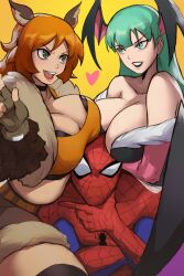 1boy 2girls animal_ears aqua_hair bare_shoulders black_lips bra bra_peek breast_rest breasts breasts_on_head brown_hair brown_jacket brown_shorts crop_top cropped_jacket crossover darkstalkers fingerless_gloves funi_xd fur_trim girl_sandwich gloves green_eyes green_hair head_wings heart highres huge_breasts jacket large_breasts marvel marvel_rivals marvel_vs._capcom mask morrigan_aensland multiple_girls pantyhose sandwiched short_shorts shorts spider-man spider-man_(series) spider_web_print squirrel_ears squirrel_girl_(marvel) teeth thighhighs thinking unaligned_breasts underwear upper_teeth_only wings