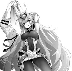 Rule 34 | 1girl, arm behind head, azur lane, bodystocking, breasts, coat, covered erect nipples, gloves, greyscale, hair between eyes, highres, holding, holding clothes, holding coat, hori (hori no su), large breasts, long hair, monochrome, navel, new jersey (azur lane), pantyhose, simple background, solo, thighband pantyhose, very long hair, white background, white coat, white gloves