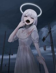 Rule 34 | 1girl, 1other, blood, blood on clothes, blood on face, bob cut, capelet, cowboy shot, day, dress, fangs, from below, hair ornament, half-closed eyes, halo, hand grab, highres, horror (theme), light blush, looking at viewer, mouth pull, neck ribbon, open mouth, original, out of frame, outdoors, overcast, power lines, puffy short sleeves, puffy sleeves, red eyes, ribbon, sakiika0513, short hair, short sleeves, sky, solo focus, standing, utility pole, white capelet, white dress, white hair, white ribbon