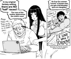 Rule 34 | 1boy, 2boys, 2girls, absurdres, bb (baalbuddy), black hair, breasts, computer, english text, fight club, greyscale, highres, hime cut, hime cut wife (baalbuddy), hug, laptop, large breasts, looking at object, monochrome, multiple boys, multiple girls, orc, original, speech bubble, typing