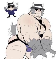 Rule 34 | 1boy, absurdres, alternate muscle size, animal ears, ass, bara, blush stickers, body fur, chest tuft, deformed, facial hair, fedora, goatee stubble, grey fur, grey hair, hanu (honkai: star rail), hat, highres, honkai: star rail, honkai (series), jjemmin, jockstrap, large hands, leaning forward, looking at viewer, loose necktie, male focus, male underwear, mature male, naked necktie, necktie, nipples, pectorals, purple male underwear, short hair, standing, stubble, sunglasses, tail, thick arms, thick thighs, thighs, topless male, tusks, underwear, unfinished, v arms, white background, wolf boy, wolf ears, wolf tail