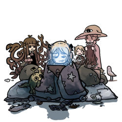 Rule 34 | 4girls, bird, blanket, blonde hair, calistor, character request, creature, crying, crying with eyes open, cyclops, dan kim, drill hair, facebird, full body, hat, headphones, living hair, looking at another, messy, momoka corner, monster, mopple, mr. mopps, multiple girls, one-eyed, simple background, snake hair, snax, standing, tears, twin drills, white background, witch hat