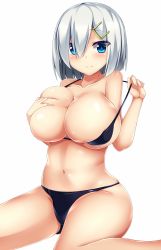 Rule 34 | 10s, 1girl, bikini, blue eyes, breasts, female focus, hair ornament, hair over one eye, hairclip, hamakaze (kancolle), kantai collection, large breasts, looking at viewer, short hair, silver hair, skindentation, smile, solo, swimsuit, yahiro (anhnw)