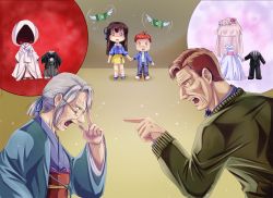 Rule 34 | 0 0, 10s, 2boys, 2girls, alternate costume, arguing, black hair, blue ribbon, bridal veil, brown eyes, chibi, chibi inset, commentary, commission, dress, eye contact, facial hair, father and son, formal, glasses, gloves, grandmother and granddaughter, green ribbon, grey hair, hair intakes, hair ribbon, hakama, hakama skirt, haori, height difference, highres, holding hands, iowa (pacific), japanese clothes, jewelry, kantai collection, kimi no na wa., kimono, looking at another, melisaongmiqin, miyamizu hitoha, mole, mole under eye, money, multicolored ribbon, multiple boys, multiple girls, necklace, no headwear, old, old woman, open mouth, pacific (kancolle), pointing, red hair, ribbon, scared, skirt, solid oval eyes, star (symbol), star necklace, stubble, suit, turn pale, uchikake, veil, wedding dress, white gloves