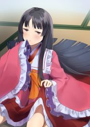 Rule 34 | 1girl, :o, black hair, blunt bangs, clothes lift, highres, houraisan kaguya, jitome, light blush, long hair, looking at viewer, pink shirt, red eyes, red skirt, shirt, skirt, sleeves past fingers, sleeves past wrists, solo, touhou, tsushi, very long hair, wide sleeves