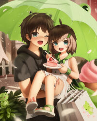 Rule 34 | 1boy, 1girl, absurdres, age difference, ahoge, alternate costume, bag, black hoodie, blue eyes, blush, brown hair, bush, cake, cake slice, carrying, carrying bag, carrying person, child, crumbles, dress, fence, food, freckles, frog, full body, green footwear, green hair ornament, green shawl, green umbrella, headband, highres, hood, hoodie, indie virtual youtuber, lily hopkins, looking at viewer, one eye closed, open mouth, picket fence, sandals, shopping bag, spoon, teeth, toes, toes up, umbrella, upper body, upper teeth only, virtual youtuber, white dress, white footwear, wink, wooden fence