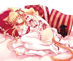 Rule 34 | 1girl, animal ears, ass, cat ears, cat girl, cat tail, closed eyes, cradle (circle), female focus, fetal position, frilled pillow, frilled thighhighs, frills, full body, kuroya shinobu, lying, on side, panties, pillow, solo, tail, thighhighs, underwear