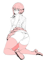 Rule 34 | 1girl, ass, blush, clothes lift, commentary, girls und panzer, highres, kawashima momo, kneeling, limited palette, loafers, looking at viewer, looking back, monocle, onsen tamago (hs egg), panties, school uniform, shoes, short hair, skirt, skirt lift, solo, thighhighs, underwear, white background
