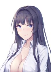 Rule 34 | 1girl, absurdres, black hair, blue eyes, blunt bangs, breasts, cleavage, closed mouth, collarbone, collared shirt, commentary request, highres, large breasts, long hair, looking to the side, no bra, ohguro mariya, open clothes, open shirt, original, shirt, simple background, smile, solo, upper body, white background, white shirt