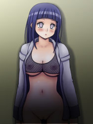 Rule 34 | 1girl, blue hair, blush, breasts, fishnets, hip focus, hyuuga hinata, jacket, large breasts, legs, long hair, looking away, naruto, naruto (series), navel, ninja, nipples, no panties, open clothes, simple background, solo, standing, thighs, tsumitani daisuke, white eyes