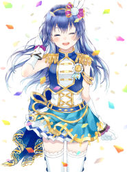 Rule 34 | 1girl, absurdres, arm up, blue hair, blush, closed eyes, commentary request, cowboy shot, epaulettes, gloves, hair between eyes, hair ornament, hand in own hair, highres, long hair, love live!, love live! school idol festival, love live! school idol project, myon rio, open mouth, petals, simple background, skirt, smile, solo, sonoda umi, standing, thighhighs, white background, white gloves, white thighhighs, wind