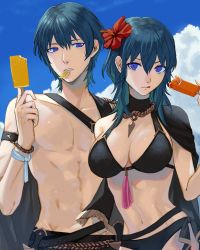 Rule 34 | 1boy, 1girl, abs, alternate costume, bikini, black bikini, black cape, black male swimwear, blue hair, blue sky, breasts, byleth (female) (fire emblem), byleth (female) (summer) (fire emblem), byleth (fire emblem), byleth (male) (fire emblem), cape, cleavage, cloud, commentary request, danno gs, day, fire emblem, fire emblem: three houses, fire emblem heroes, flower, food, food in mouth, hair between eyes, hair flower, hair ornament, hibiscus, hibiscus hair ornament, highres, holding, holding food, large breasts, long hair, looking at viewer, male swimwear, mouth hold, muscular, muscular male, navel, nintendo, official alternate costume, outdoors, popsicle, purple eyes, red flower, short hair, sky, stomach, swimsuit, teeth, tongue, tongue out, topless, topless male