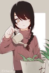 Rule 34 | 1girl, @ @, absurdres, black hair, braid, braided ponytail, chainsaw man, closed mouth, frown, hand up, highres, holding, holding watering can, kiromo, long hair, long sleeves, nayuta (chainsaw man), plant, potted plant, red shirt, shirt, solo, turtleneck, twitter username, upper body, water, watering can, yellow eyes