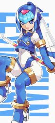 Rule 34 | 1girl, android, armor, blue eyes, covered navel, crop top, female focus, helmet, highres, holding, holding weapon, javelin, fairy leviathan (mega man), looking at viewer, mega man (series), mega man x (series), mega man x dive, mega man zero (series), reploid, robot girl, shimosuke, sitting, tagme, weapon