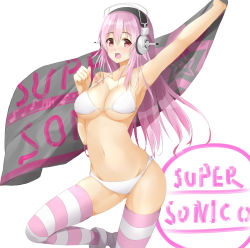Rule 34 | 1girl, armpits, bikini, blush, breasts, cleavage, ffmania7, headphones, isshiki (ffmania7), large breasts, long hair, looking at viewer, navel, nitroplus, open mouth, pink hair, red eyes, skindentation, solo, strap gap, super sonico, swimsuit, thighhighs, white bikini