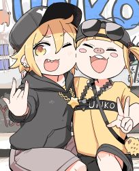 Rule 34 | 2girls, ;3, ;d, ^ ^, aether (genshin impact), ai ai gasa, backwards hat, baseball cap, black headwear, black hoodie, black shorts, blonde hair, blunt bangs, blush stickers, buck teeth, character request, cheek-to-cheek, cheek press, closed eyes, clothes writing, collarbone, copyright request, ear piercing, eyewear on head, facing viewer, feet out of frame, foreshortening, genshin impact, graffiti, grey shorts, hair between eyes, hand on another&#039;s shoulder, hand up, happy, hare (tetterutei), hat, heads together, highres, hood, hood down, hoodie, jaggy lines, jewelry, knee up, light blush, long sleeves, looking at viewer, looking to the side, m/, multiple girls, multiple piercings, necklace, one eye closed, open mouth, outdoors, outstretched arm, pendant, piercing, pig nose, pocket, romaji text, sharp teeth, shirt, short eyebrows, short hair, short sleeves, shorts, side-by-side, sitting, smile, star (symbol), star necklace, strap, sunglasses, t-shirt, teeth, upper teeth only, v-shaped eyebrows, w, yellow eyes, yellow shirt
