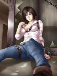 Rule 34 | 1girl, barbed wire, blue eyes, bra, broken glass, brown hair, denim, glass, holster, jeans, julie kidman, open clothes, open shirt, pants, puddle, shirt, short hair, solo, the evil within, thor (deep rising), torn clothes, underwear