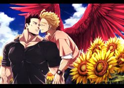 Rule 34 | 2boys, bara, black border, black shirt, blonde hair, blue eyes, boku no hero academia, border, cloud, cloudy sky, couple, day, facial hair, feathered wings, floral background, flower, flying, hawks (boku no hero academia), imminent kiss, male focus, manly, multiple boys, muscular, muscular male, pectorals, popo take, red hair, scar, scar on face, shirt, short hair, short sleeves, sky, spiked hair, stubble, sunflower, endeavor (boku no hero academia), upper body, watch, wings, yaoi