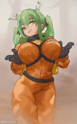 Rule 34 | 1girl, absurdres, black gloves, branch, breasts, cable, ceres fauna, cosplay, cowboy shot, fog, gloves, green hair, highres, hololive, hololive english, large breasts, leaf, lethal company, looking at viewer, name tag, orange suit, sakaste, smile, twintails, twitter username, virtual youtuber, worker (lethal company), worker (lethal company) (cosplay), yellow bag, yellow eyes