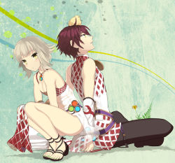 Rule 34 | 1boy, 1girl, abstract background, animal, animal on head, arai 12, argyle, argyle clothes, argyle dress, argyle shirt, bird, bird on head, black footwear, black pants, blonde hair, blush, breasts, chick, cleavage, closed mouth, commentary request, crossed legs, detached sleeves, dress, flower, full body, green eyes, highres, jewelry, looking at viewer, necklace, on head, open mouth, pants, plant, ragnarok online, red eyes, sandals, shirt, shoes, short hair, sitting, sleeveless, sleeveless dress, sleeveless shirt, small breasts, sorcerer (ragnarok online), squatting, sweat, white sleeves, yellow eyes, yellow flower
