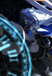 Rule 34 | 1girl, absurdres, black gloves, black thighhighs, blue cape, blue eyes, blue hair, cape, chain, chain headband, clock, clothing cutout, collar, detached sleeves, floating hair, from behind, gears, gloves, glowing, glowing eye, hair intakes, halo, heart, highres, holding, holding sword, holding weapon, hololive, hololive english, jewelry, juliet sleeves, long sleeves, mechanical halo, micro shorts, miniskirt, ouro kronii, ouro kronii (1st costume), puffy sleeves, shirt, short hair, shorts, skirt, sky, sleeveless, sleeveless shirt, sleeveless turtleneck, solo, star (sky), starry sky, sword, thighhighs, tokyo (1421), turtleneck, veil, virtual youtuber, weapon, white footwear, yellow footwear