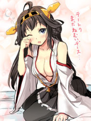 Rule 34 | 10s, 1girl, ahoge, blue eyes, blush, breasts, brown hair, detached sleeves, gin&#039;ichi (akacia), hairband, headgear, highres, japanese clothes, kantai collection, kongou (kancolle), large breasts, long hair, miniskirt, one eye closed, open mouth, pantyhose, personification, pleated skirt, skirt, solo, translated, wink