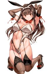 Rule 34 | 1girl, absurdres, animal ears, armpits, arms up, blunt bangs, bow, bowtie, braid, breasts, brown eyes, brown hair, cleavage, closed mouth, elbow gloves, fake animal ears, fishnet gloves, fishnet thighhighs, fishnets, full body, furrowed brow, garter straps, gloves, gluteal fold, groin, high heels, highleg, highleg leotard, highres, hip bones, kneeling, lace, lace-trimmed legwear, lace trim, large breasts, leotard, lips, looking at viewer, navel, official art, original, playboy bunny, rabbit ears, ribbon-trimmed gloves, ribbon trim, saburou (hgmg), simple background, smile, solo, stomach, thighhighs, white background