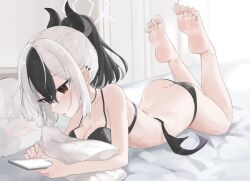 Rule 34 | ..., 1girl, ass, bare legs, barefoot, black bra, black hair, black panties, blue archive, blush, bra, breasts, cellphone, cleavage, collarbone, demon horns, demon wings, feet, feet up, grey hair, halo, highres, holding, holding phone, horns, indoors, kayoko (blue archive), looking at phone, lying, multicolored hair, mz mz, on stomach, panties, phone, single wing, small breasts, soles, solo, spoken ellipsis, toes, two-tone hair, underwear, underwear only, wings