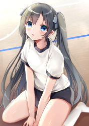 Rule 34 | 1girl, absurdres, between legs, black hair, black shorts, blue bow, blue eyes, blush, bow, breasts, commentary request, gym shirt, gym shorts, gym uniform, hair between eyes, hair bow, hand between legs, highres, indoors, kneehighs, long hair, looking at viewer, minami saki, no shoes, on floor, original, parted lips, shirt, short shorts, short sleeves, shorts, sitting, small breasts, socks, solo, twintails, very long hair, wariza, white shirt, white socks, wooden floor