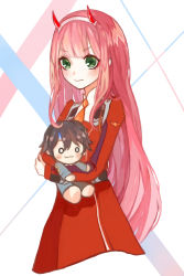 Rule 34 | 10s, 1girl, bad id, bad pixiv id, blush, commentary, commentary request, darling in the franxx, doll, green eyes, hair ornament, hairband, highres, hiro (darling in the franxx), holding, holding doll, horns, long hair, long sleeves, military, military uniform, necktie, oni horns, orange necktie, pink hair, red horns, solo, uniform, white hairband, zero two (darling in the franxx), zhelizhizi