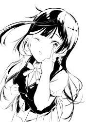 Rule 34 | 1girl, akanbe, collared shirt, commentary request, eyelid pull, greyscale, long hair, looking at viewer, love live!, love live! nijigasaki high school idol club, monochrome, neck ribbon, nijigasaki school uniform, one eye closed, one side up, pleated skirt, ribbon, school uniform, shirt, short sleeves, sidelocks, skirt, solo, summer uniform, tommer, tongue, tongue out, upper body, vest, white background, yuki setsuna (love live!)