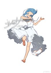 Rule 34 | 1girl, absurdres, alternate costume, bare arms, bare legs, bare shoulders, barefoot, blue hair, character name, chinese commentary, commentary request, dancing, dress, frilled dress, frills, full body, highres, knees, long dress, mahou shoujo madoka magica, mahou shoujo madoka magica (anime), miki sayaka, open mouth, ouge dz, ribbon, short hair, simple background, sleeveless, sleeveless dress, solo, sundress, toes, weibo watermark, white background, white dress, white ribbon
