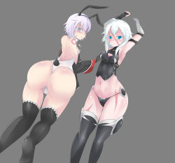 Rule 34 | 2girls, animal ears, artist request, ass, back, bandages, bare shoulders, blue eyes, blush, breasts, cosplay, costume switch, detached sleeves, fake animal ears, fate/apocrypha, fate/grand order, fate (series), from behind, gloves, highres, huge ass, jack the ripper (fate/apocrypha), large breasts, leotard, light purple hair, looking at viewer, looking back, mary read (fate), multiple girls, panties, playboy bunny, rabbit ears, rabbit tail, scar, shiny skin, short hair, silver hair, smile, tail, tattoo, thighhighs, thong, thong leotard, underwear