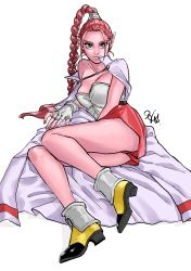 Rule 34 | 1girl, absurdres, braid, breasts, chrono trigger, closed mouth, colored skin, earrings, fingerless gloves, flea (chrono trigger), full body, gloves, highres, hikari shibata, jewelry, long hair, looking at viewer, pink hair, pink skin, pointy ears, simple background, single braid, smile, solo, white background