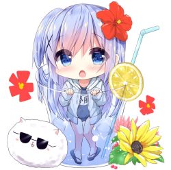 Rule 34 | 1girl, angora rabbit, animal, bendy straw, blue eyes, blue footwear, blue hair, blue jacket, blue one-piece swimsuit, blush, chestnut mouth, chibi, commentary request, covered navel, cup, drawstring, drink, drinking glass, drinking straw, flower, food, gluteal fold, gochuumon wa usagi desu ka?, hair between eyes, hair flower, hair ornament, hood, hood down, hooded jacket, ice cream, in container, in cup, jacket, kafuu chino, kouda suzu, long hair, long sleeves, looking at viewer, mini person, minigirl, name tag, old school swimsuit, one-piece swimsuit, open clothes, open jacket, open mouth, rabbit, red flower, sandals, school swimsuit, sleeves past wrists, sunglasses, swimsuit, swimsuit under clothes, tippy (gochiusa), very long hair, white background, x hair ornament, yellow flower