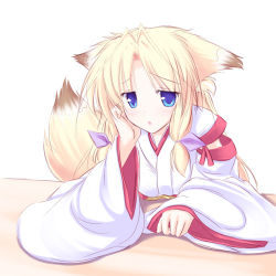 Rule 34 | 1girl, ahoge, animal ears, artist request, blonde hair, blue eyes, character request, fox ears, inakoi, japanese clothes, long hair, lowres, miko, simple background, solo, tagme, tail