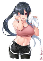Rule 34 | 1girl, black hair, black shorts, breasts, breath, brown eyes, cleavage, collarbone, commentary request, cowboy shot, cropped legs, ebifurya, highres, kantai collection, large breasts, leggings, long hair, looking at viewer, midriff, open mouth, ponytail, scrunchie, short shorts, shorts, sidelocks, simple background, solo, sports bra, sweat, teeth, towel, twitter username, white background, white towel, yahagi (kancolle)