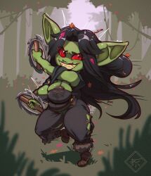 absurdres bad_tag belly big_breasts black_hair breasts cape chakram cleavage colored_skin corset creepy_smile female female_goblin forest goblin green_skin gus_arts highres huge_breasts lingerie long_ears long_hair looking_at_viewer messy_hair nature plant plump pointy_ears red_eyes rosozu sharp_teeth shortstack smile solo teeth thick_thighs thighs tree underwear weapon