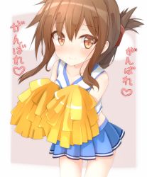 Rule 34 | 10s, 1girl, alternate costume, bad id, bad nicoseiga id, blush, breasts, brown hair, cheerleader, cowboy shot, crop top, folded ponytail, gradient background, hair ornament, hairclip, highres, holding, inazuma (kancolle), kantai collection, light smile, looking at viewer, midriff, miniskirt, orange eyes, pleated skirt, pom pom (cheerleading), rateratte, sidelocks, skirt, small breasts, smile, solo, tank top