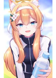 Rule 34 | 1girl, :d, animal ear fluff, animal ears, black jacket, blue archive, blue sky, bottle, cloud, day, flower, hair flower, hair ornament, hairband, halo, highres, holding, holding bottle, jacket, long hair, long sleeves, looking at viewer, mari (blue archive), mari (track) (blue archive), multicolored clothes, multicolored jacket, obustat, official alternate costume, open mouth, orange hair, outdoors, plastic bottle, sky, smile, solo, track jacket, two-tone jacket, water bottle, white hairband, white jacket, zipper