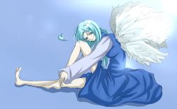 Rule 34 | 1girl, angel, barefoot, blue hair, dress, female focus, heart, highly responsive to prayers, machi (purple-love), sariel (touhou), sitting, smile, solo, thighs, touhou, touhou (pc-98), wings