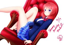 Rule 34 | 1girl, 9ma bot, barefoot, between legs, blue jacket, blue skirt, blush, bow, bowtie, dutch angle, hand between legs, highres, jacket, long sleeves, looking at viewer, love live!, love live! school idol project, medium hair, miniskirt, nishikino maki, plaid, plaid skirt, pleated skirt, purple eyes, red bow, red bowtie, red hair, school uniform, shirt, sitting, skirt, smile, solo, striped bow, striped bowtie, striped clothes, striped neckwear, swept bangs, white background, white shirt