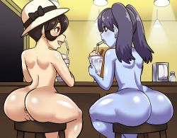 Rule 34 | 2girls, anus, ass, black hair, blue skin, breasts, casual nudity, cleft of venus, colored skin, dynamo heart, filia (skullgirls), hat, huge ass, long hair, looking at another, milkshake, multiple girls, nude, open clothes, open mouth, public indecency, purple hair, pussy, red eyes, shoulder blades, sitting, skullgirls, small breasts, squigly (skullgirls), thick thighs, thighs, twintails, uncensored, zenra, zombie