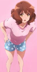 Rule 34 | 1girl, absurdres, blue shorts, brown eyes, brown hair, drawstring, feet out of frame, hands on own hips, hibike! euphonium, highres, leaning forward, medium hair, open mouth, oumae kumiko, pink background, pink shirt, polka dot, polka dot shorts, shirt, short sleeves, shorts, solo, thighs, usagihop, watermark, wavy hair