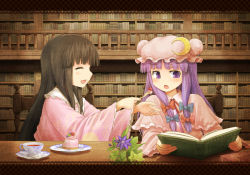 2girls black_hair blush book cake crescent cup closed_eyes feeding flower food hat houraisan_kaguya long_hair morioka_itari multiple_girls open_book open_mouth patchouli_knowledge purple_hair smile teacup touhou