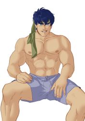 Rule 34 | 1boy, abs, bara, blue eyes, blue hair, booty electric, bulge, crotch, fire emblem, grin, headband, highres, ike (fire emblem), looking at viewer, male focus, muscular, naughty face, nintendo, nipples, pectorals, topless male, sitting, smile, solo, tagme, underwear, undressing