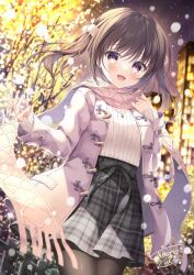 Rule 34 | 1girl, black pantyhose, blurry, blurry background, breasts, brown eyes, brown hair, building, coat, comiket 101, commentary request, depth of field, fringe trim, grey skirt, long hair, long sleeves, looking at viewer, night, night sky, open clothes, open coat, original, outdoors, pantyhose, pink coat, pink scarf, plaid, plaid skirt, ribbed sweater, scarf, signature, skirt, sky, sleeves past wrists, small breasts, solo, star (sky), starry sky, sweater, takano yuki (allegro mistic), tree, twintails, white sweater